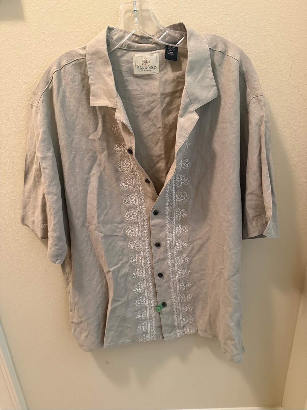 Paradise Men’s Light Beige Embroidered Short Sleeve Button-Down Shirt